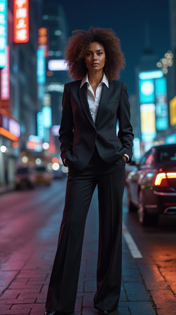 A confident woman in a tailored suit stands in a bustling city street illuminated by vibrant neon lights at night, showcasing urban life.の素材