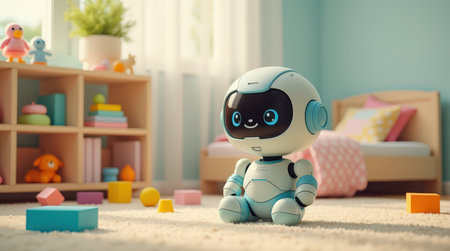 A charming interactive robot toy sits on a plush carpet in a well-lit children's room filled with colorful toys and blocks.の素材