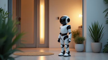 A small robot companion is positioned by the front entrance of a contemporary house, surrounded by plants and bright lights.の素材