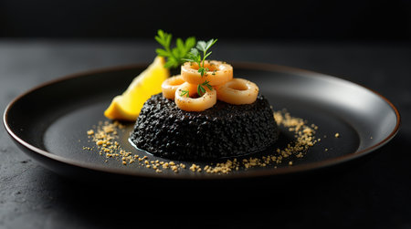 Delicious black risotto crni riot presented on a dark plate, garnished with lemon and seafood, showcasing Croatian culinary artistry.の素材