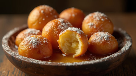 Enjoy the delightful kloklo, sweet and crispy fried dough balls dusted with powdered sugar, perfect for a tasty treat anytime.の素材