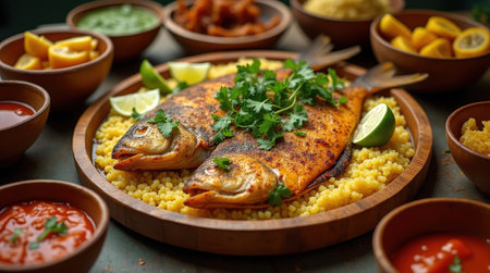 This traditional Ivorian dish features grilled whole tilapia on a bed of couscous, garnished with herbs and served with various sauces and sides.の素材