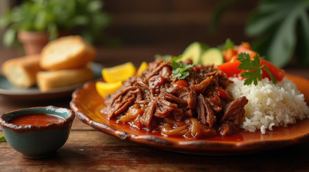 Enjoy a delicious plate of ropa vieja with tender shredded beef, rice, and fresh vegetables, perfect for a family meal at home.の素材
