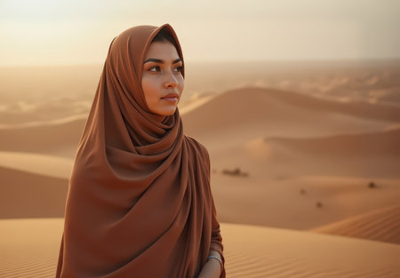 A young woman wearing a brown hijab stands thoughtfully in a vast desert, surrounded by golden dunes under a warm sunset.の素材