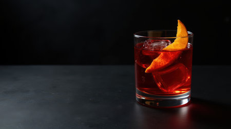 A bold negroni is presented in a lowball glass, topped with floating orange zest, showcasing a vibrant color and inviting appearance.の素材