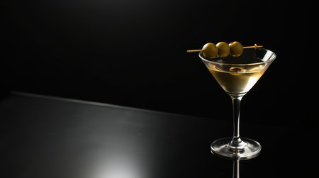 A classic martini in a stylish glass with green olives, set against a dark backdrop for an elegant vibe.の素材