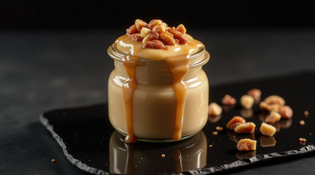 Creamy caramel pudding served in a small glass jar features a drizzle of sauce and is garnished with crunchy nuts for a delightful treat.の素材