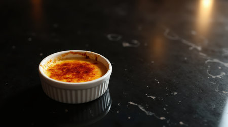 This dessert features a smooth and rich creme brulee topped with a perfectly caramelized sugar crust, presented elegantly in a small ramekin.の素材
