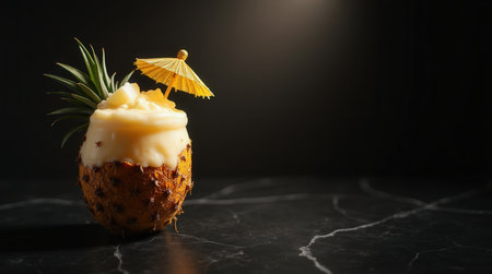 Refreshing pina colada served in a coconut shell, topped with a golden umbrella, perfect for a tropical getaway or beach gathering.の素材