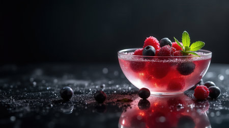This exquisite jelly dessert showcases vibrant raspberries and blueberries suspended within, served elegantly in a clear glass bowl.の素材