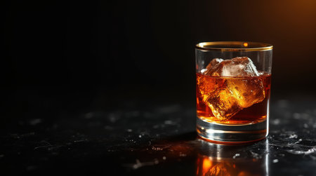 A golden-rimmed tumbler holds amber whiskey on a dark surface, featuring large ice cubes, creating an inviting and elegant drink presentation.の素材