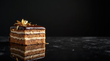 Experience the delightful layers of almond sponge, coffee buttercream, and chocolate glaze in this exquisite opera cake served on a dark surface.の素材