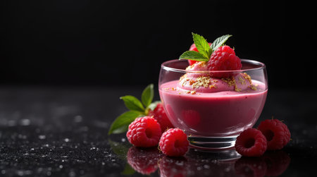 A rich raspberry mousse is elegantly presented in a stylish glass bowl, topped with mint and fresh raspberries for a delightful dessert experience.の素材