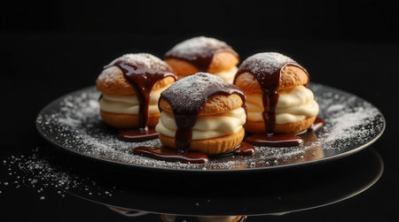 A plate showcases delightful cream-filled profiteroles topped with rich chocolate sauce, creating a tempting dessert display.の素材