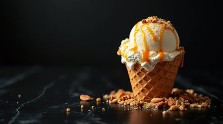 A scoop of vanilla ice cream is served in a waffle cone and drizzled with rich caramel on a dark surface.の素材