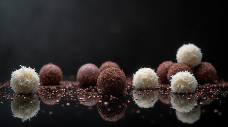 An enticing assortment of chocolate truffles, some rolled in coconut flakes, showcases a perfect blend of textures and flavors.の素材
