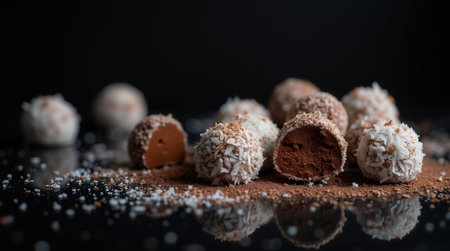A selection of rich chocolate truffles garnished with coconut flakes is beautifully arranged, inviting sweet pleasure.の素材