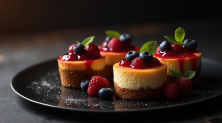 Mini cheesecakes baked in individual molds are beautifully topped with fresh blueberries and raspberries, making a delicious dessert.の素材