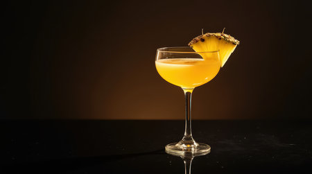 A tropical daiquiri in a coupe glass features a vibrant yellow hue and a golden pineapple wedge garnish, perfect for a refreshing drink.の素材