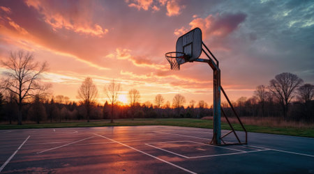 An empty basketball court features a single hoop against a vibrant sunset backdrop with painted lines and trees in the distance.の素材