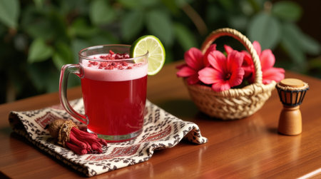 A vibrant burkinab bissap drink in a ceramic cup features a slice of lime on top. The setting includes colorful flowers and a woven basket.の素材