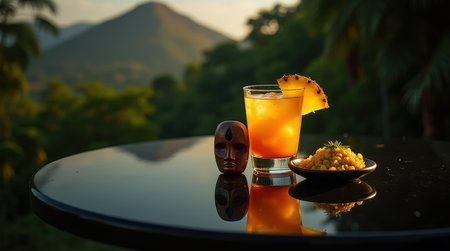 A glass of Cameroonian palm wine sits on a table alongside a colorful dish, with lush mountains in the background during sunset.の素材