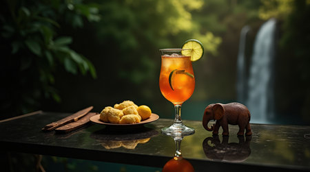 A glass of palm wine sits next to local snacks beside a tranquil waterfall in the Central African Republic, showing a moment of relaxation.の素材