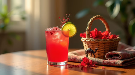 A tall glass of vibrant Chadian hibiscus punch sits on a table, garnished with lime and surrounded by decorative flowers and a basket.の素材
