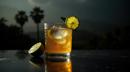 A glass of Colombian aguardiente is served with ice and a lime wedge, capturing a moment of relaxation against a dramatic backdrop.の素材