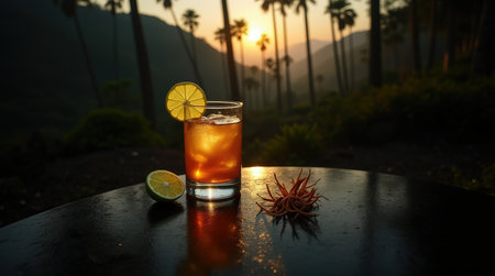 A glass of Colombian aguardiente sits on a dark table, complemented by lime and horseradish, against a stunning sunset and palm trees.の素材