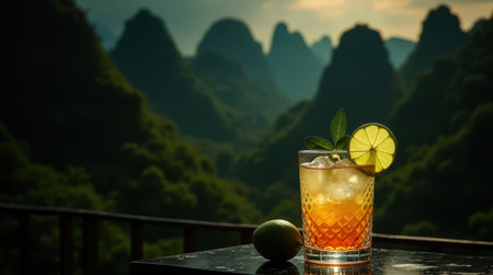 A glass of congolese lotoko, a traditional maize drink, is showcased with a beautiful kinshasa landscape in the background at sunset.の素材
