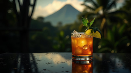 A refreshing glass of Costa Rican guaro sits on a table, surrounded by lush greenery and majestic mountains under clear skies.の素材