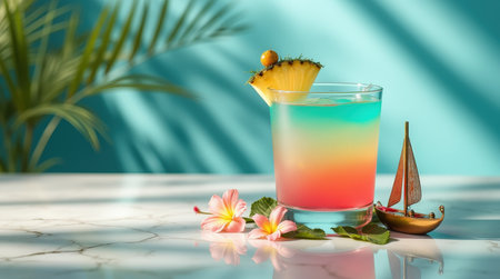 A colorful cocktails blends coconut rum and pineapple juice, garnished with hibiscus flowers, evoking the spirit of the Bahamas.の素材
