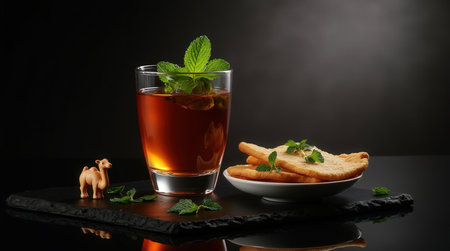 Enjoy a glass of spiced Djiboutian tea, garnished with mint, besides freshly made lahoh on a mirrored table, reflecting nature's beauty.の素材