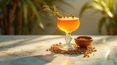 Savor a vibrant cocktail inspired by Ethiopia, blending tea with mango juice, layered in colors reminiscent of sunsets and textiles.の素材