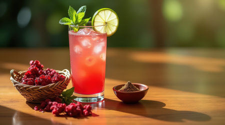 A tall glass of hibiscus and ginger cooler sits on a wooden table, accompanied by raspberries and a small bowl of ginger spice.の素材