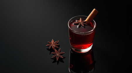 A warm glass of gluhwein topped with spices sits on a dark surface, perfect for winter enjoyment in Germany.の素材