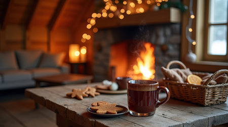A warm mug of gluhwein sits on a rustic table beside gingerbread cookies, basking in the glow of a crackling fire and festive lights.の素材