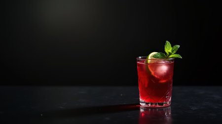 A glass of bissap, a Guinean hibiscus drink, sits on a dark surface with mint and lime garnish, showing vibrant red color and refreshing appeal.の素材