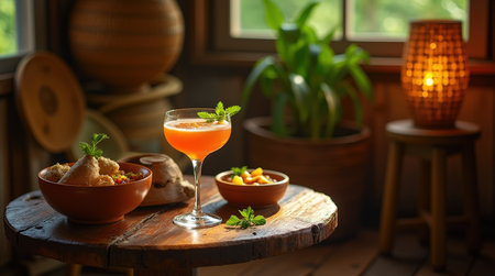 A refreshing cassava pone cocktail sits on a wooden table inside a rustic Amerindian hut in Guyana, surrounded by traditional decor.の素材