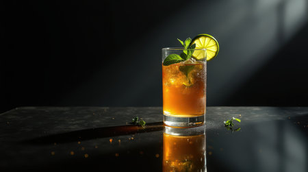 A refreshing glass of kleren is displayed with mint and lime, highlighted by dramatic lighting. This traditional Haitian drink is enticing.の素材
