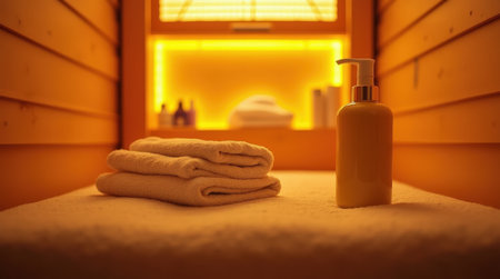 Soft towels are neatly arranged beside a bottle of lotion in a warmly lit spa room, creating a tranquil atmosphere for relaxation.の素材