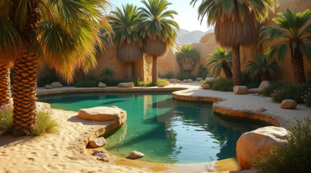A tranquil oasis features lush palm trees surrounding clear water, nestled in a sandy desert. The warm sunlight creates a peaceful atmosphere.の素材