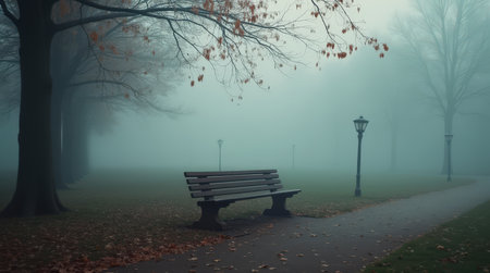 A solitary bench sits in a foggy park, with trees partially obscured and leaves scattered on the ground. The atmosphere is calm and serene.の素材