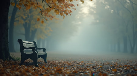 A solitary bench sits quietly in a foggy park, surrounded by fallen leaves and misty trees, creating a peaceful autumn atmosphere.の素材