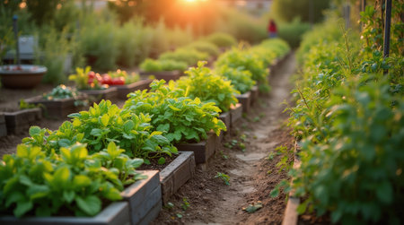 Rows of lush greens and herbs flourish in a community garden during sunset, creating a serene and healthy atmosphere.の素材