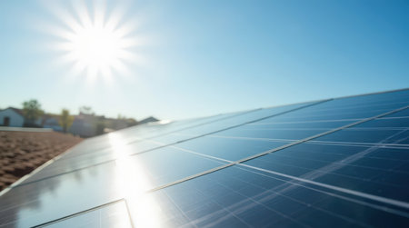 Solar panels are capturing sunlight on a rooftop under a vibrant blue sky, showing renewable energy use.の素材