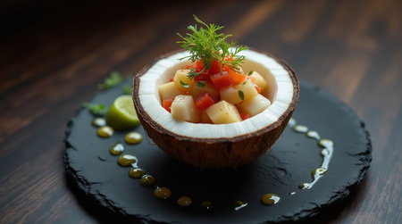 Enjoy a refined presentation of fresh Fijian ceviche featuring colorful vegetables in a coconut shell, perfect for a tropical dining experience.の素材