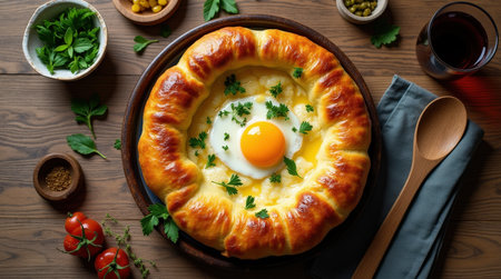 A golden boat-shaped khachapuri filled with cheese and topped with an egg sits on a wooden table, surrounded by herbs, tomatoes, and drinks.の素材