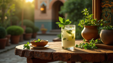 A glass of doogh, a yogurt drink, sits on a wooden table adorned with herbs, set in a beautiful Persian garden at sunset.の素材